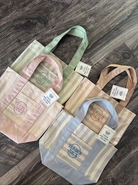 Set of 4 Trader Joe’s mini pastel canvas tote bags new stripe green blue pink ta